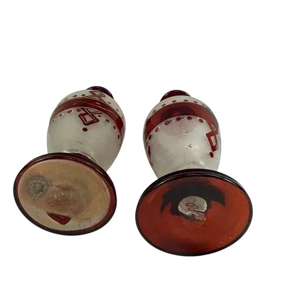 Antique Bohemian Ruby Glass Vases Pair Handblown Red Floral Design 7 Tall